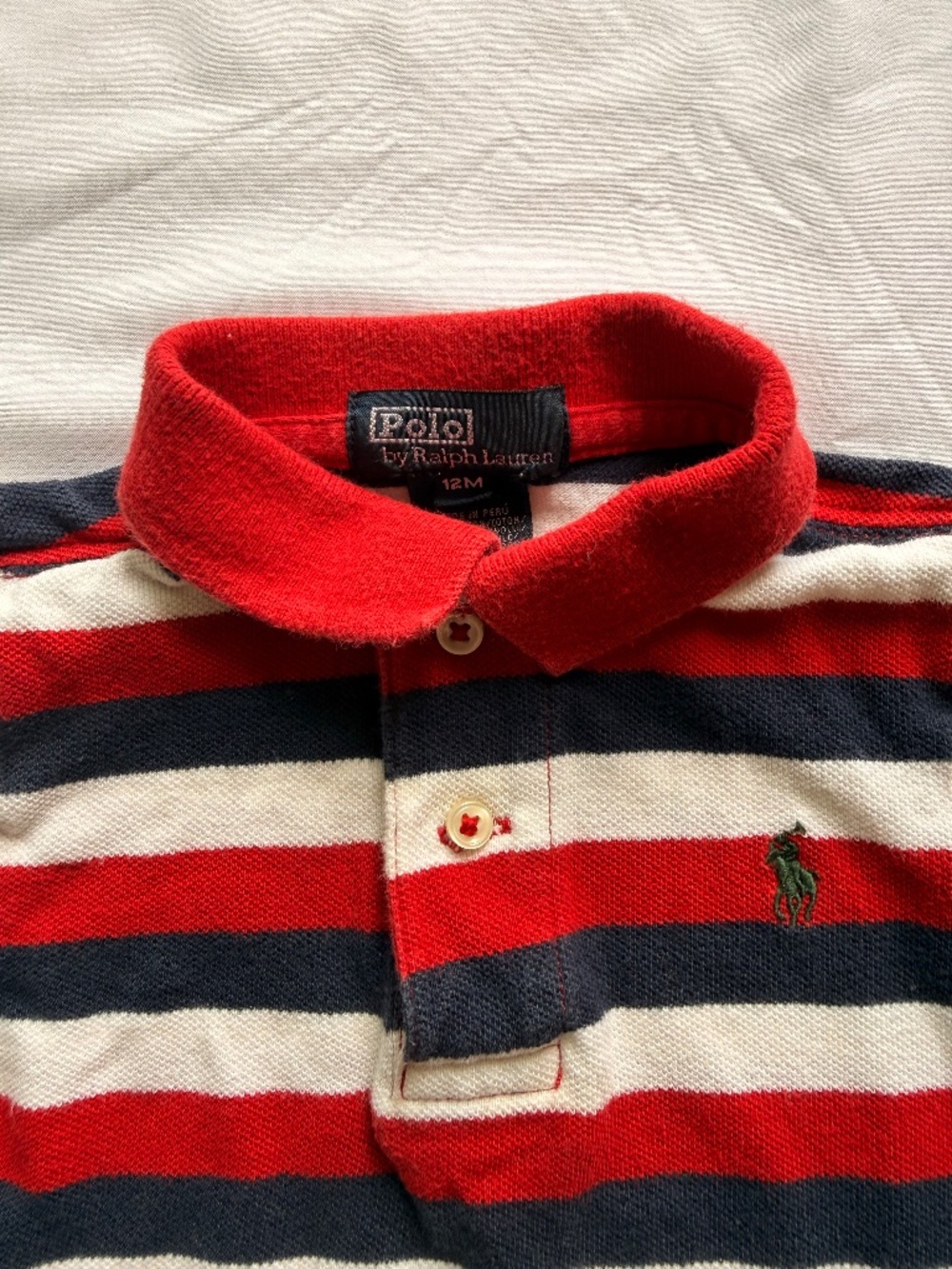 Polo Ralph Lauren Infant Boys Red White Navy Striped Polo Shirt 12m - Picture 2 of 4